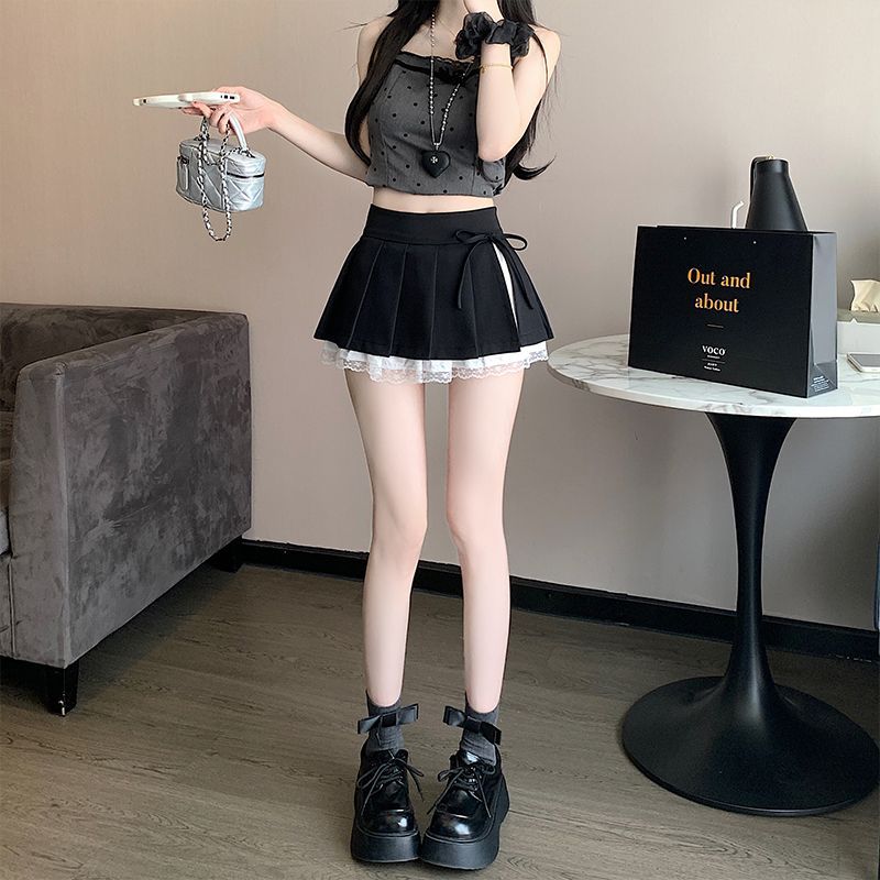 ミニスカート レース裾飾りリボンプリーツスカート