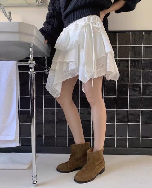 白レース重ねフリル アシンメトリー ミニスカート