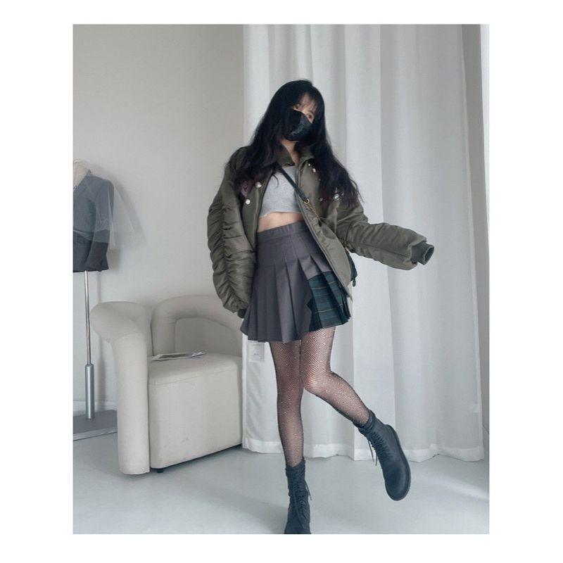 ハイウエストプリーツミニスカートチェック柄切替