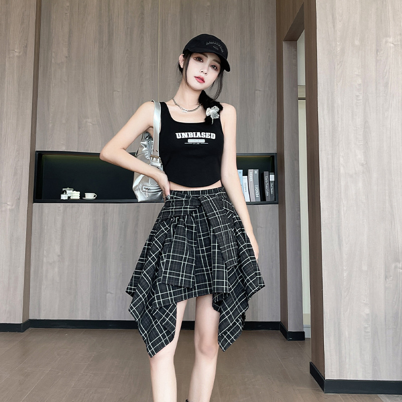 ミニスカート アシンメトリー裾チェックミニスカート
