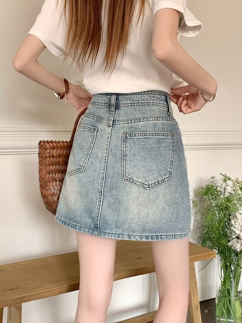 ミニスカート レース飾りデニムミニスカート