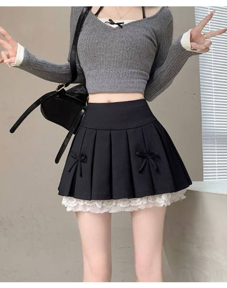ミニスカート レース裾飾りリボンプリーツミニスカート