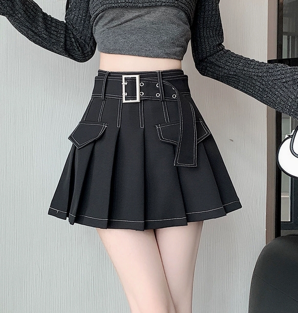 ハイウエストデニム風プリーツミニスカート