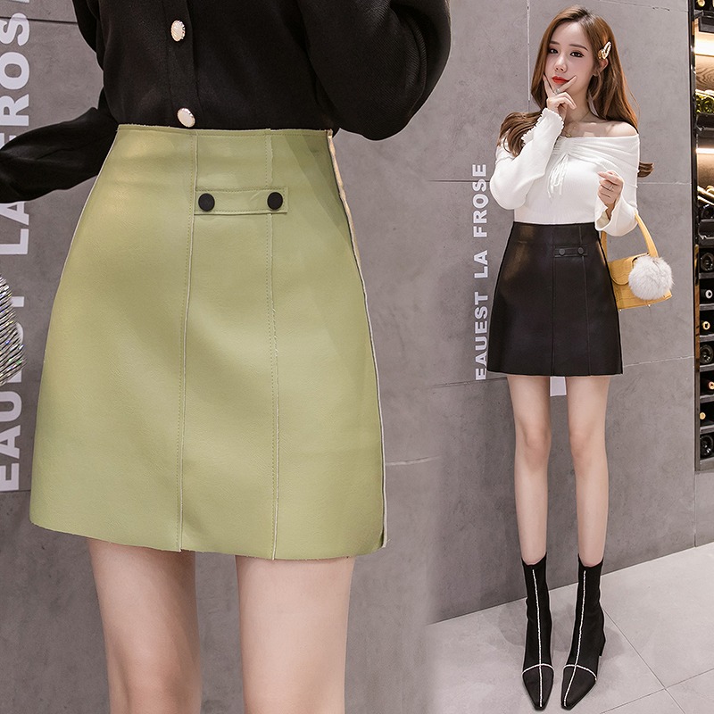 秋冬新作ハイウエスト台形ミニスカート無地着痩せ