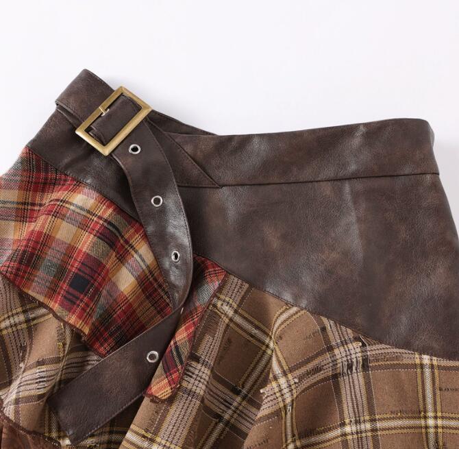 チェック柄アシンメトリーレースミニスカート