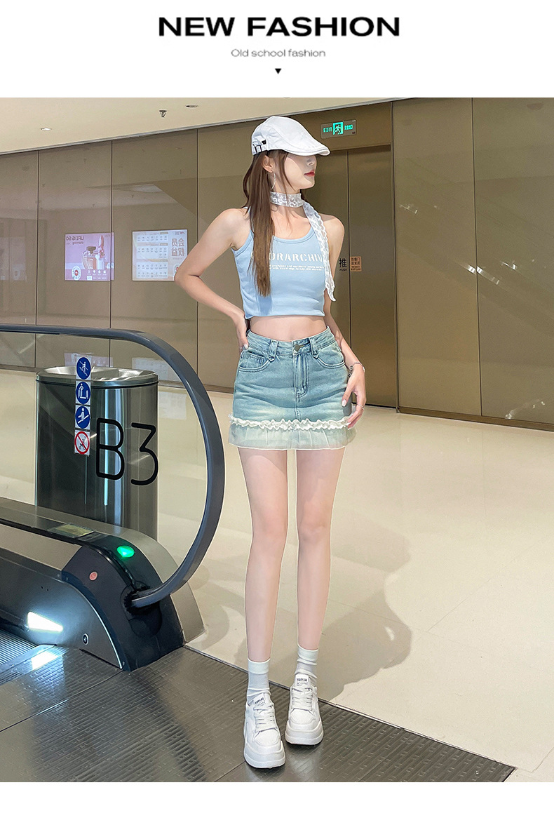 ミニスカート 裾シフォンフリル付きデニムミニスカート