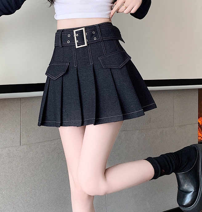 ハイウエストデニム風プリーツミニスカート