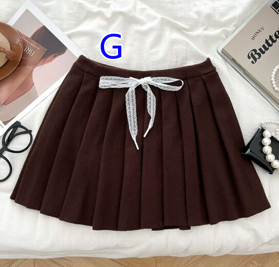  ニット素材 リボン付きプリーツミニスカート 