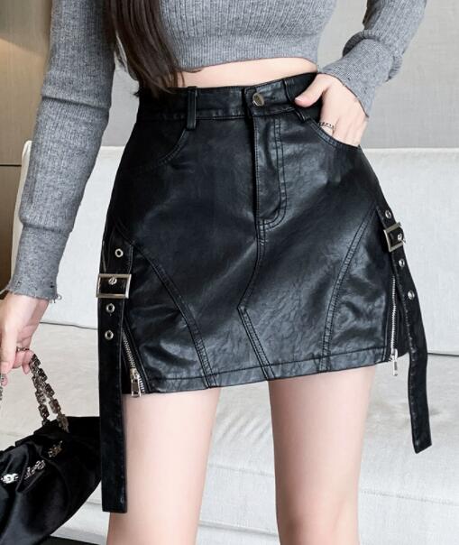 合成皮革ハイウエストタイトミニスカート