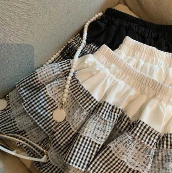 レースパッチワーク段フリルミニスカート