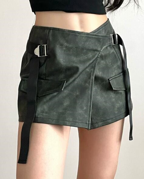 ハイウエスト合皮ミニスカート ベルト付きタイトスカート