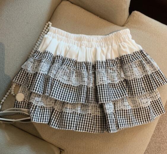 レースパッチワーク段フリルミニスカート