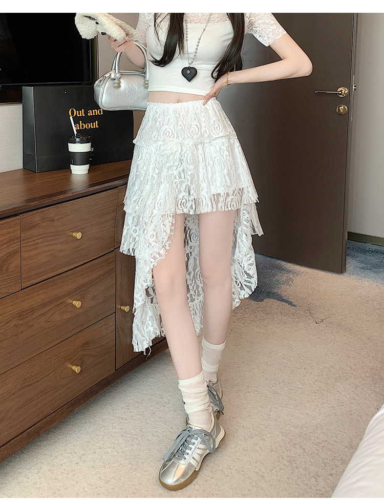 ミニスカート 花柄レース前短後長チュールスカート