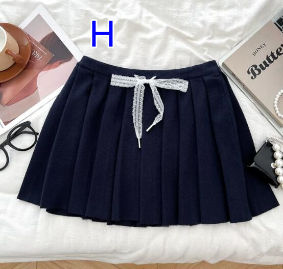  ニット素材 リボン付きプリーツミニスカート 