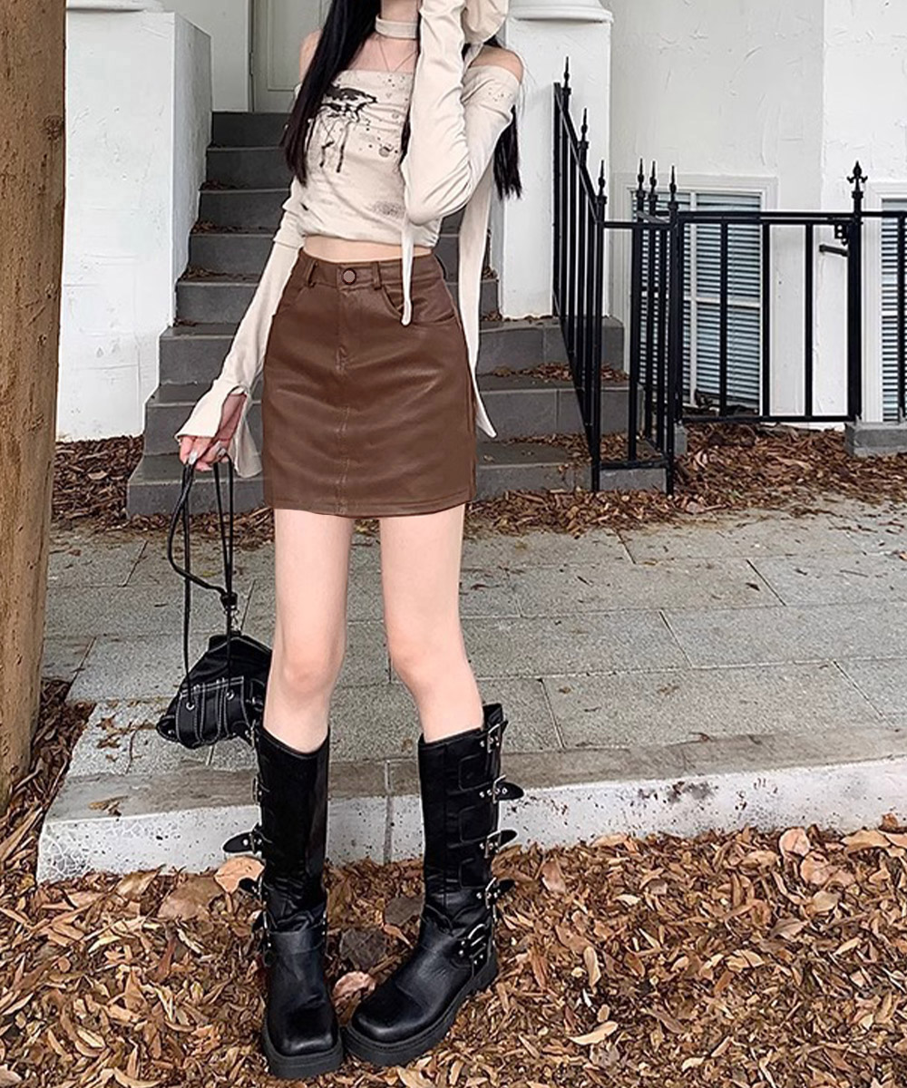 合成皮革タイトミニスカートハイウエストポケット付き