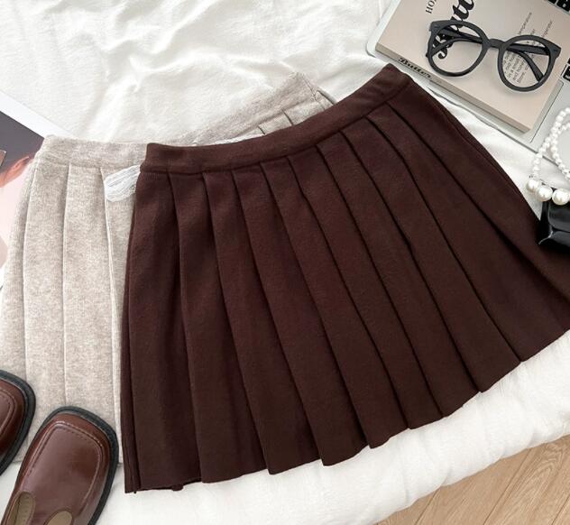  ニット素材 リボン付きプリーツミニスカート 