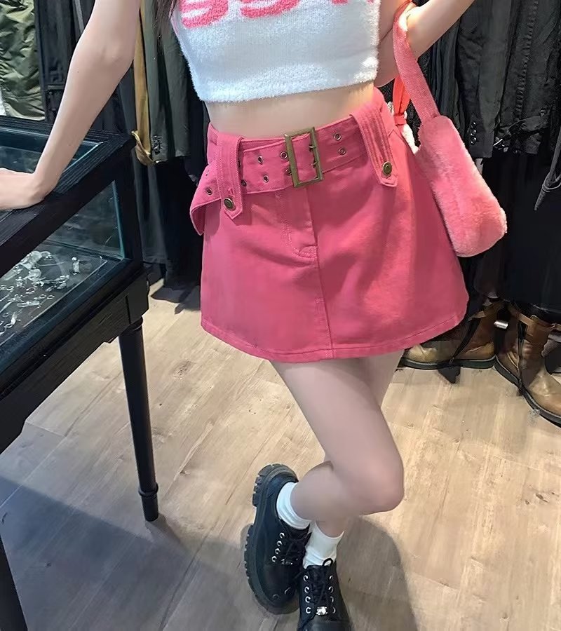 ミニスカート 太めベルト付き台形ミニスカート
