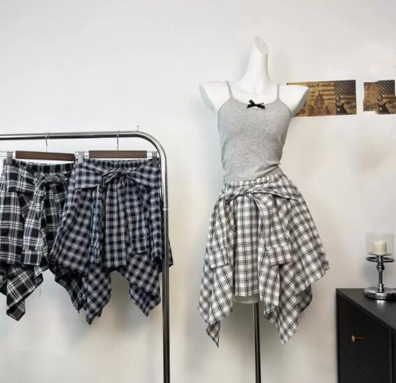 ミニスカートチェック柄不規則裾ミニ