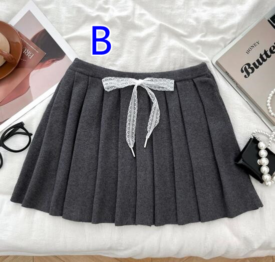  ニット素材 リボン付きプリーツミニスカート 