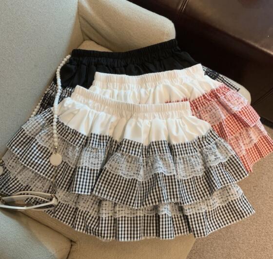 レースパッチワーク段フリルミニスカート