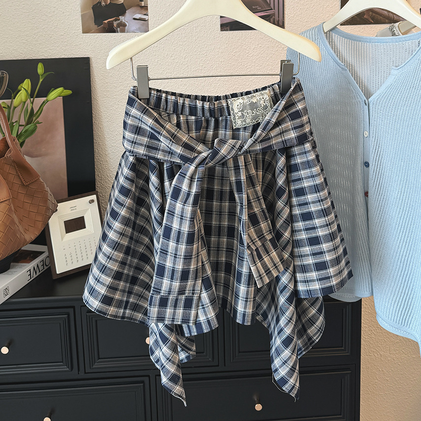 チェック柄ミニスカート夏レディース腰リボン付き