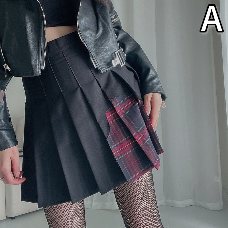 ハイウエストプリーツミニスカートチェック柄切替