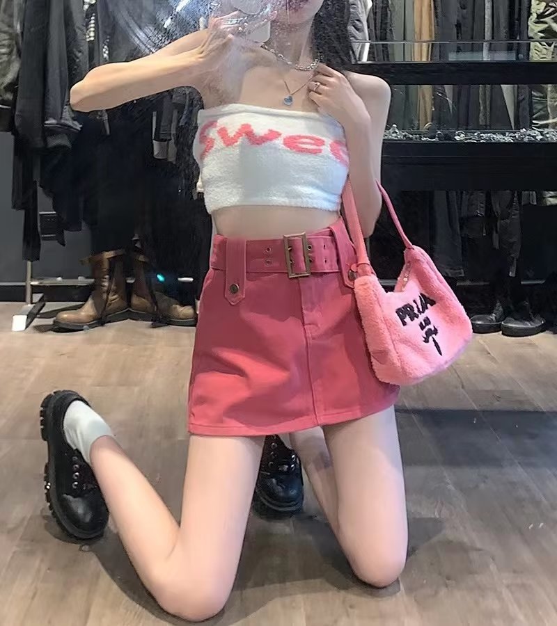 ミニスカート 太めベルト付き台形ミニスカート