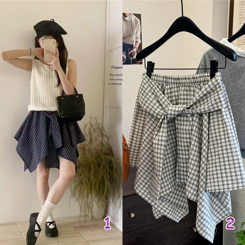 チェック柄ミニスカート リボン付き 夏レディース 2色展開