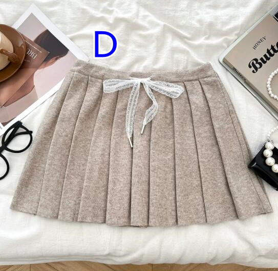  ニット素材 リボン付きプリーツミニスカート 