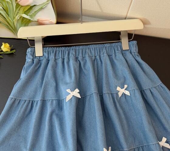 ミニスカートデニム風ティアード白リボン付きミニスカート