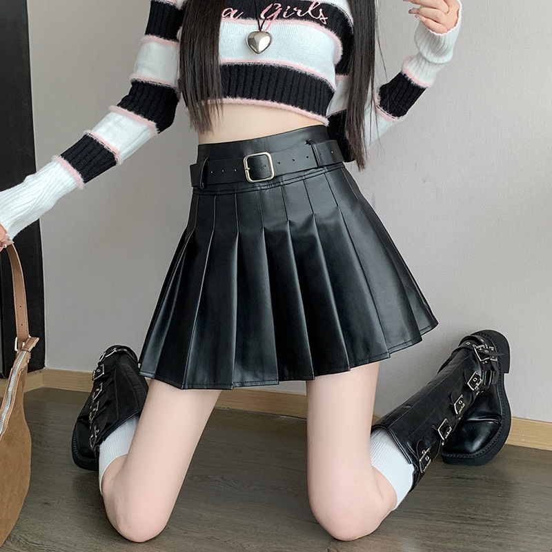 ミニスカート ベルト付き合皮プリーツミニスカート