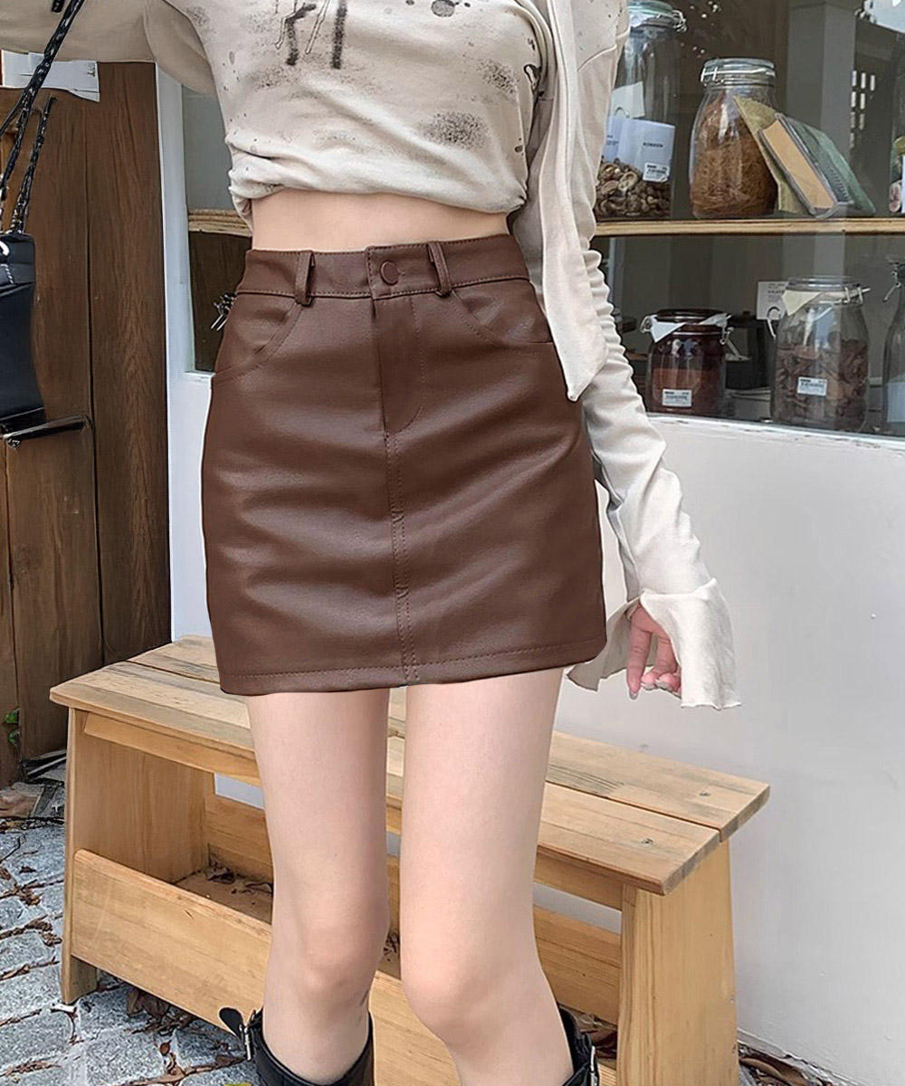 合成皮革タイトミニスカートハイウエストポケット付き