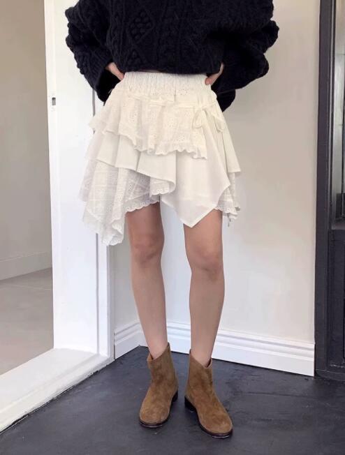 白レース重ねフリル アシンメトリー ミニスカート