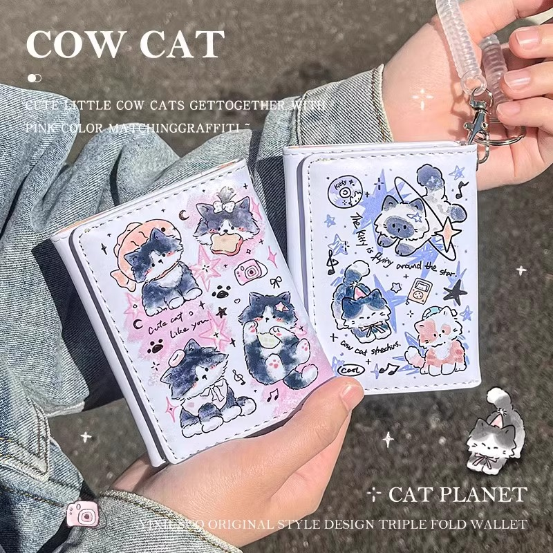 コンパクト 財布 ねこ星空イラスト 三つ折りミニ財布
