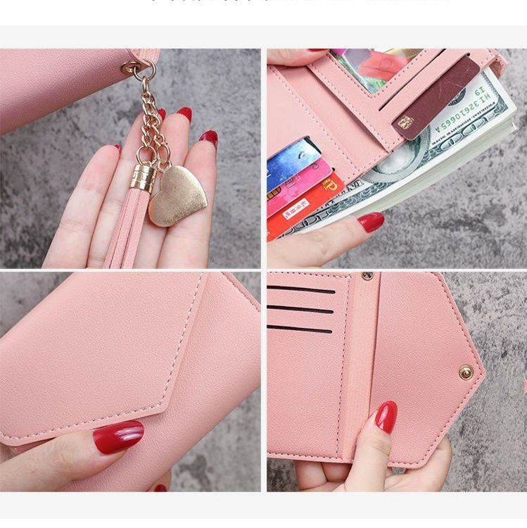 コンパクト 財布 タッセル付きハート飾り三つ折りミニ財布