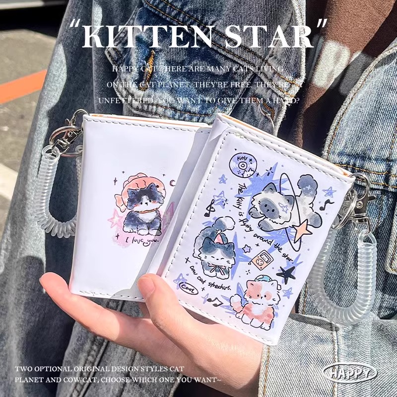 コンパクト 財布 ねこ星空イラスト 三つ折りミニ財布