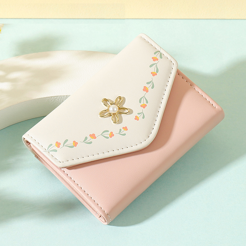コンパクト 財布 花刺繍 パール飾り 三つ折り財布