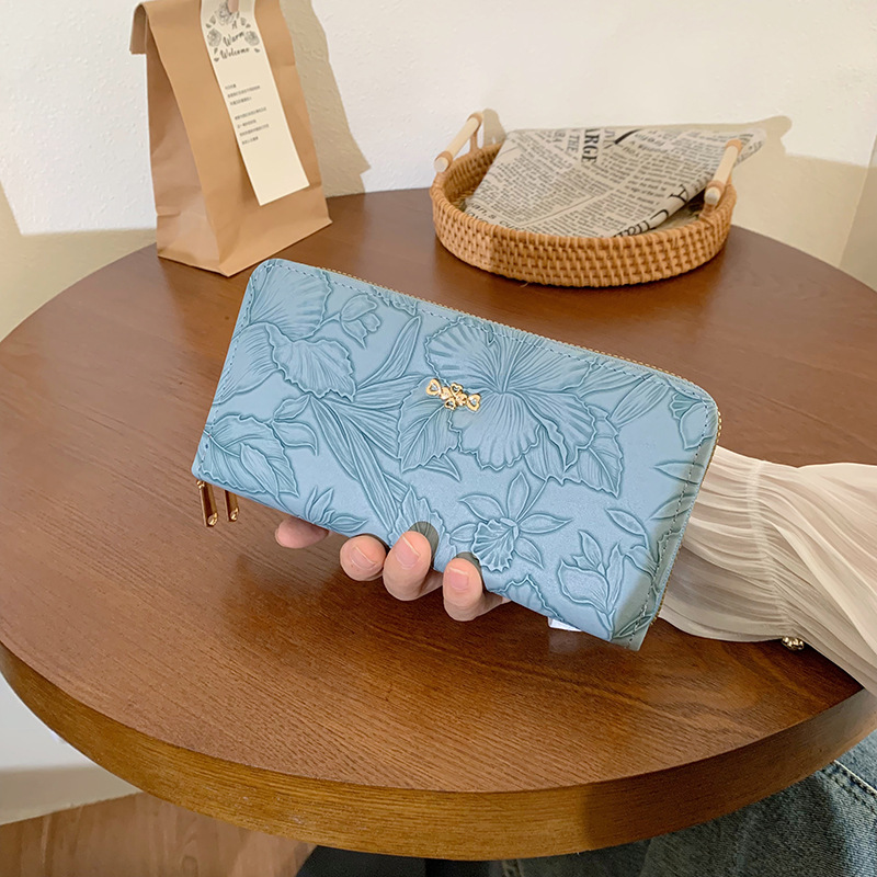 コンパクト 財布 花柄型押しラウンドファスナー財布