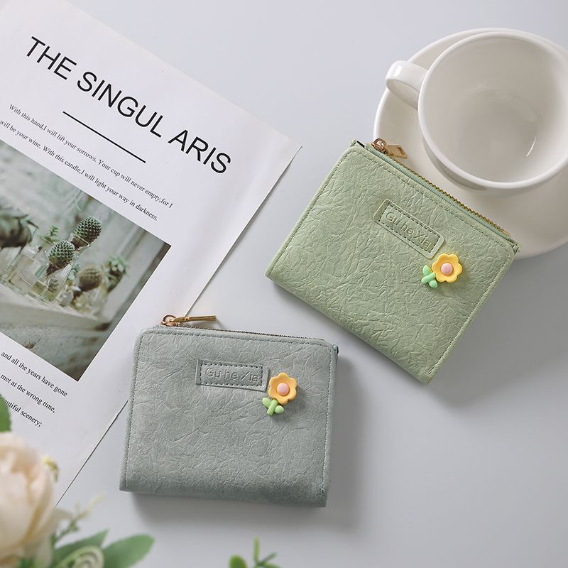 コンパクト 財布 花飾り付き二つ折り財布 カードケース