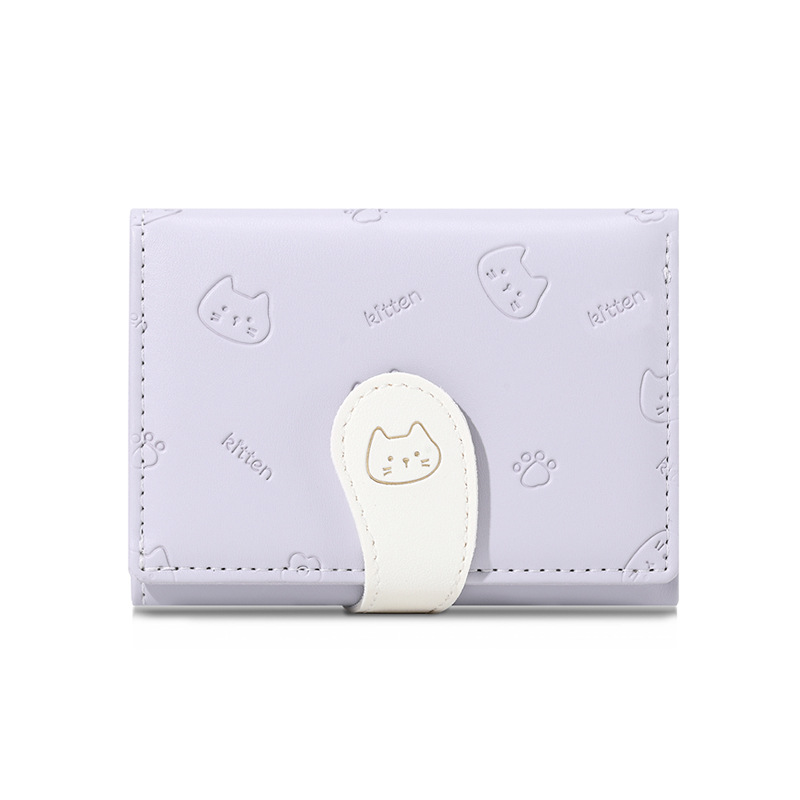 コンパクト 財布 猫柄型押し三つ折りミニ財布