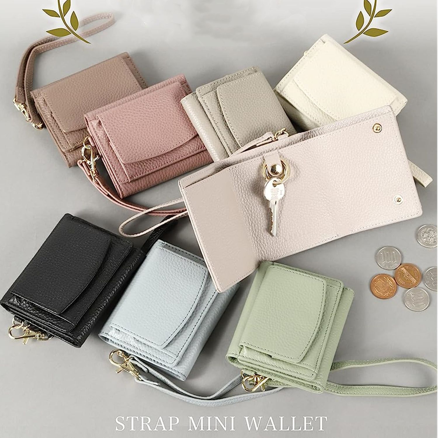 コンパクト 財布 三つ折り型本革調ストラップ付きミニ財布