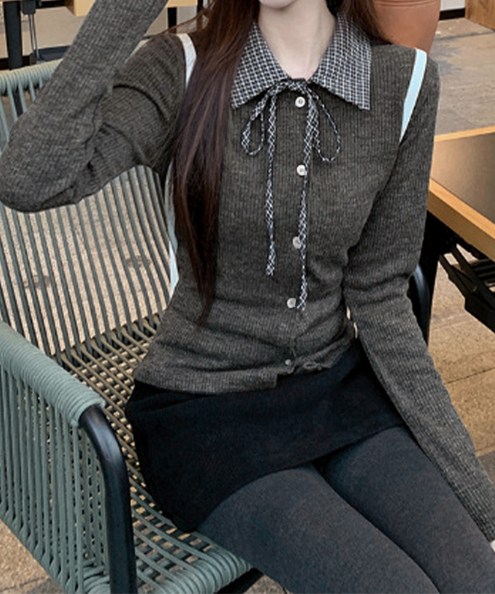 フレンチガーリー チェック衿リボンタイニットカーディガン