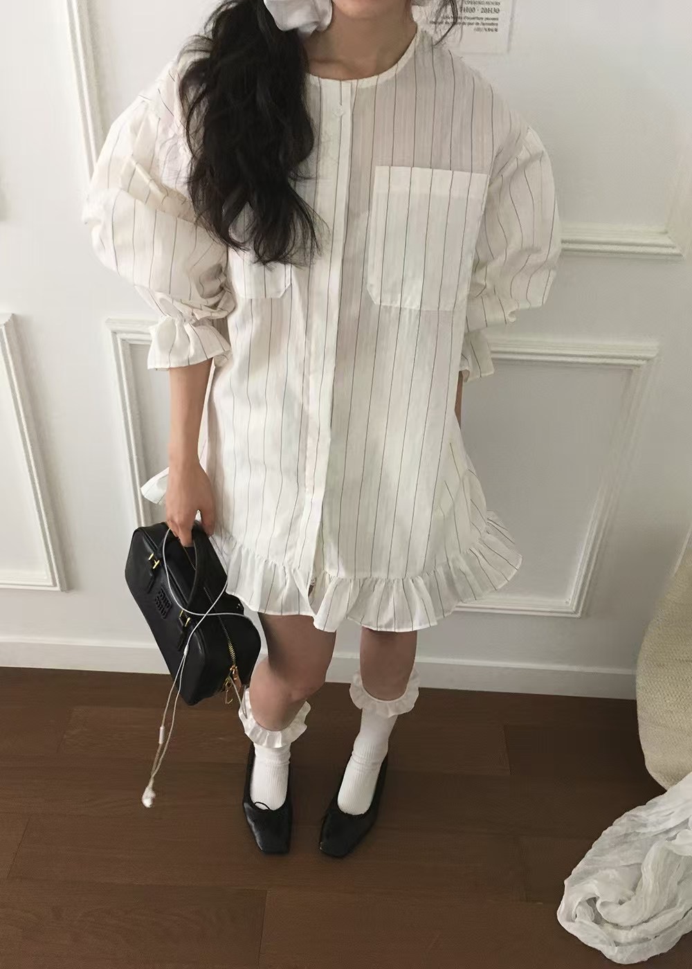 フレンチガーリー フリル裾ストライプシャツワンピース