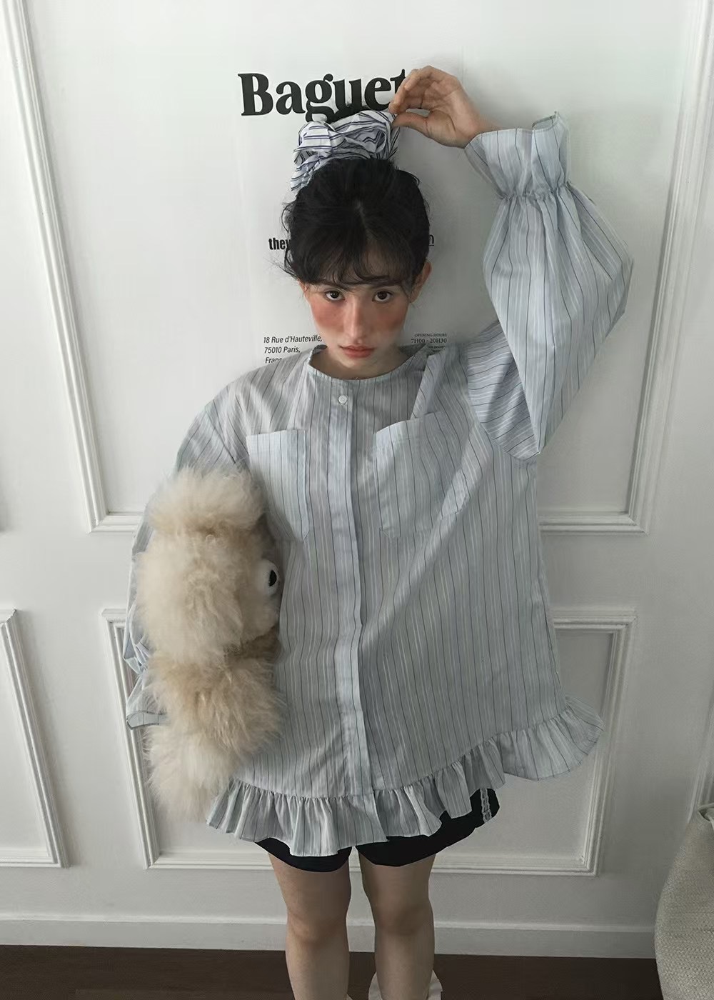 フレンチガーリー フリル裾ストライプシャツワンピース