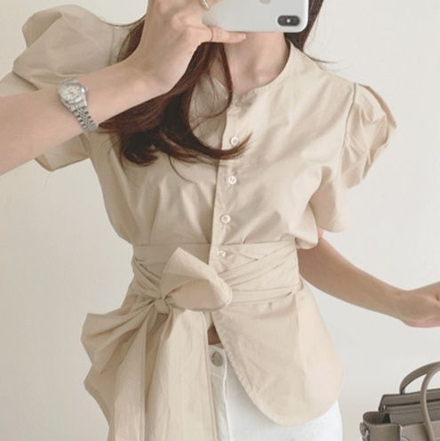 フレンチガーリー ふんわりパフスリーブ丸襟ブラウス リボンベルト付き