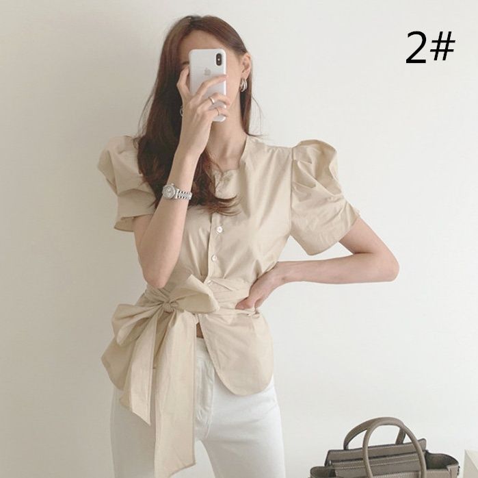 フレンチガーリー ふんわりパフスリーブ丸襟ブラウス リボンベルト付き