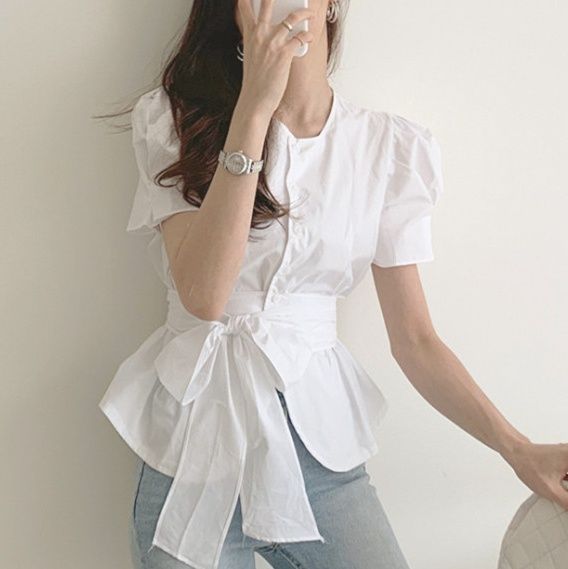フレンチガーリー ふんわりパフスリーブ丸襟ブラウス リボンベルト付き
