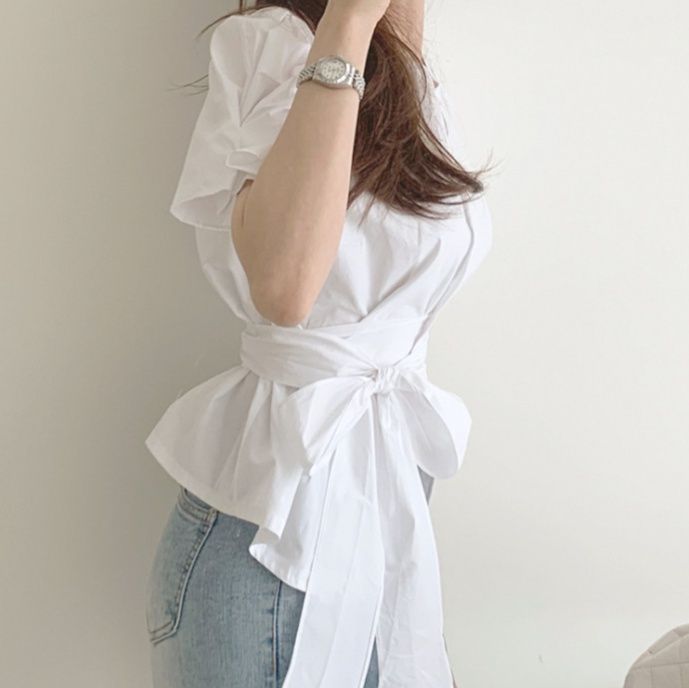 フレンチガーリー ふんわりパフスリーブ丸襟ブラウス リボンベルト付き
