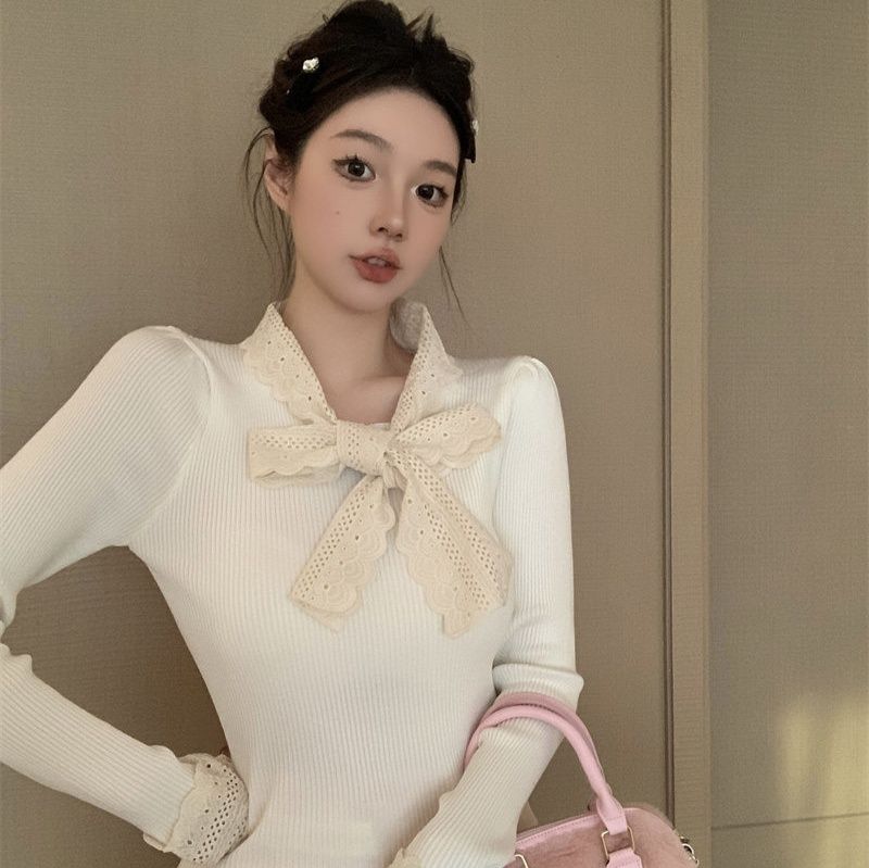 フレンチガーリー 新作リボン付きニットセーター長袖トップス