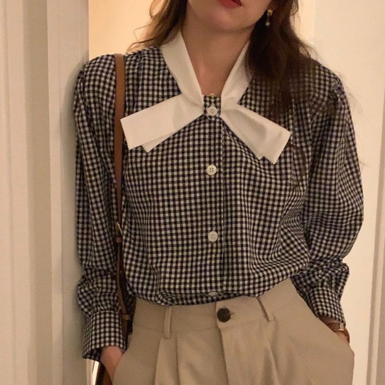 フレンチガーリー ギンガム長袖ブラウス 白リボン付き